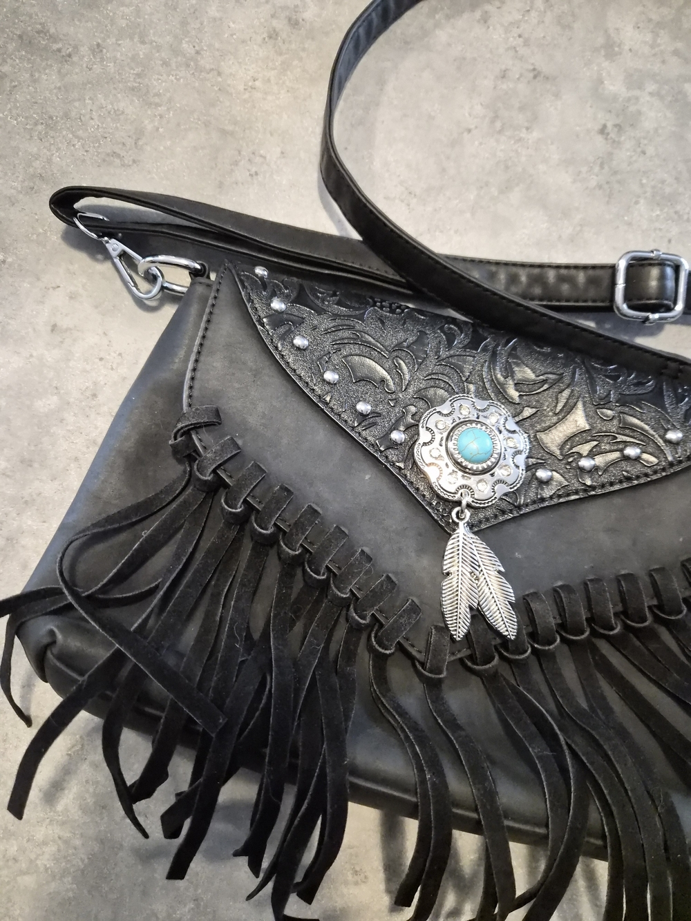 Black Fringe Crossbody Bag with Turquoise Concho